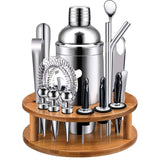 CGPN  Cocktail Shaker Set – 19 delige roestvrijstalen bartensil set met roterende bamboe standaard – perfecte barset tools voor een fantastische drankmix ervaring