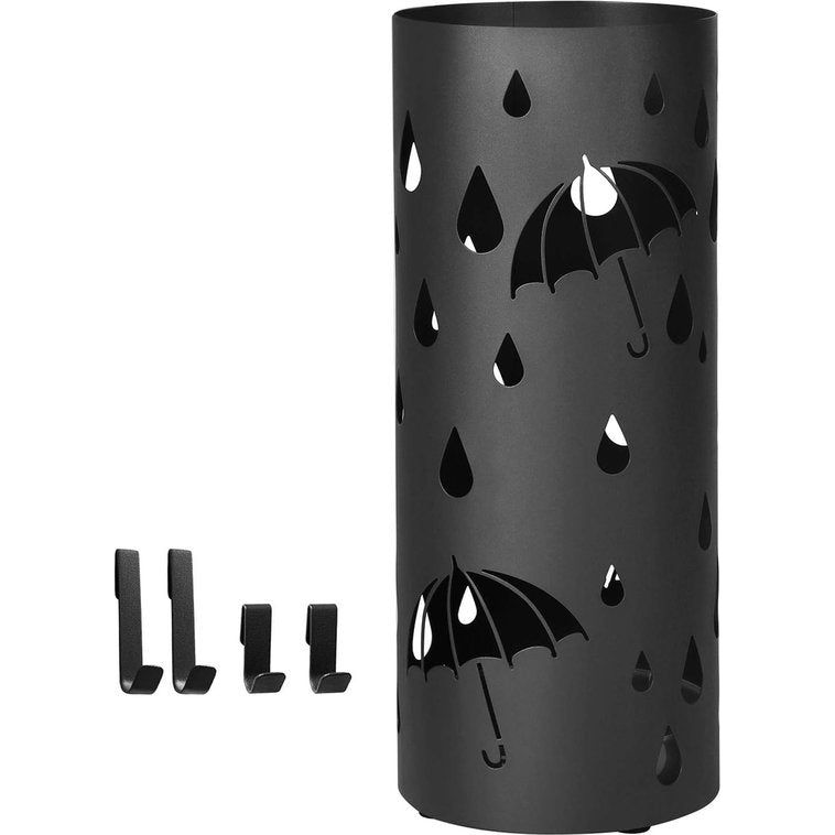 Paraplubak van metaal, ronde paraplubak, afneembare wateropvangbak, met haak, 49 x Ø 19,5 cm, zwart