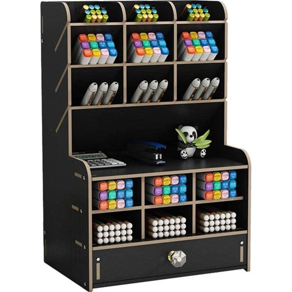 Bureau-organizer van hout met lade, grote capaciteit, opbergdoos, bureau-opbergrek, pennenorganizer, caddies voor kantoor, thuis en schoolbenodigdheden (B16-zwart)