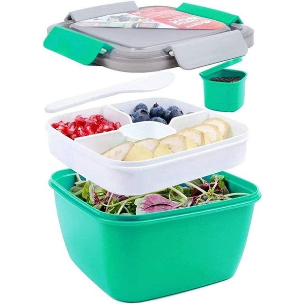 Lunchbox, Bento Box Lunchcontainer Saladecontainer Bento voor lunch, 1500 ml, 3 vakken met 1 vork, lekvrij, magnetronbestendig donker (groen)