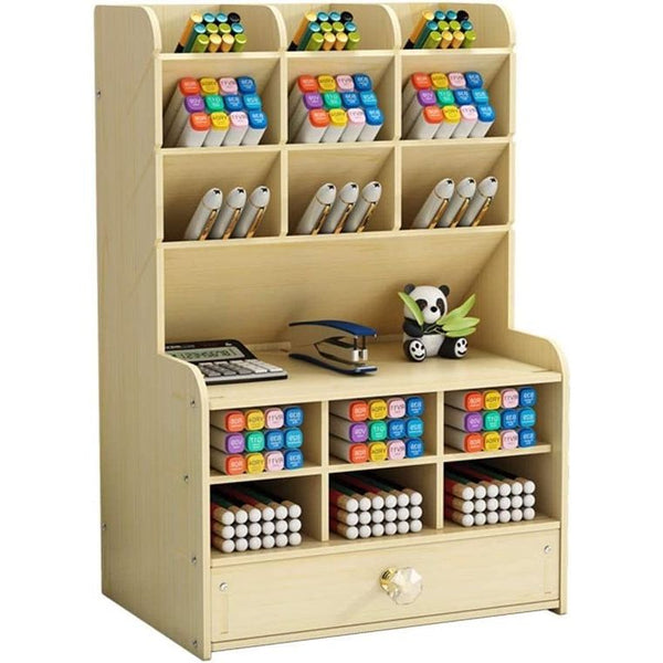 Bureau-organizer van hout met lade, pennenhouder, opbergdoos voor office, stationery, pennenorganizer voor kantoor, thuis en schoolbenodigdheden (B16 witte esdoorn)