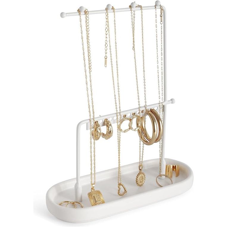 Sieradenstandaard, wit, sieradenorganizer, sieradenboom van metaal voor kettingen en keramiek, sieradenrek voor ringen, oorbellen, armbanden, horloges en accessoires, 17,5 x 7 x 22 cm