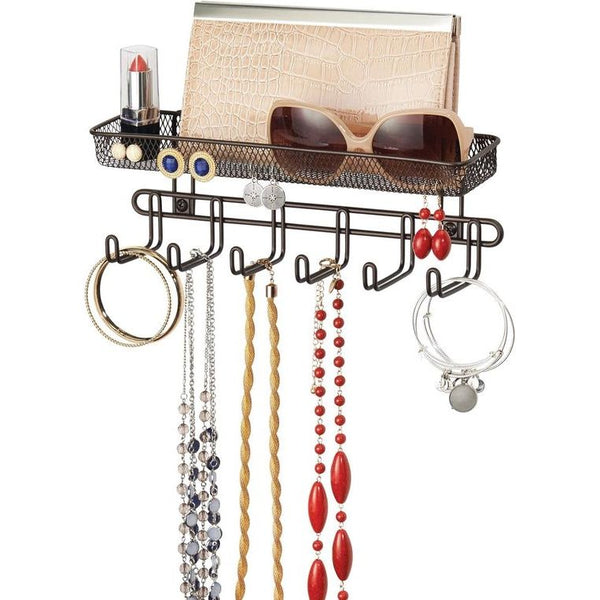 Sieradenopslag om op te hangen - wandmontage - met 6 haken en 2 vakken - modesieraden organizer voor brillen, kettingen, oorbellen en accessoires - sieradenhouder om op te hangen - kleur: