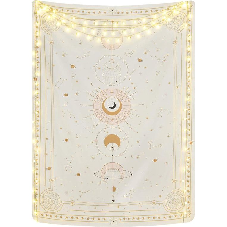 Maanfasen wandtapijt, mysterieuze sterrenhemel, tarotkaarten, wandtapijt, esthetische retro astrologie, muurkunst voor slaapkamer en woonkamer, beige, 210 x 150 cm