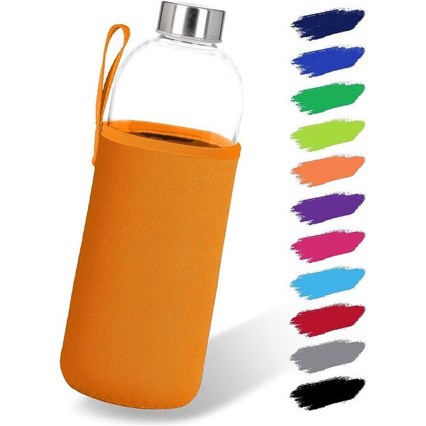 Glazen fles 1 l met neopreen hoes, drinkfles van glas in 500 ml en 1000 ml, met beschermhoes en roestvrijstalen deksel, waterfles voor sport, kantoor, school en outdoor, oranje