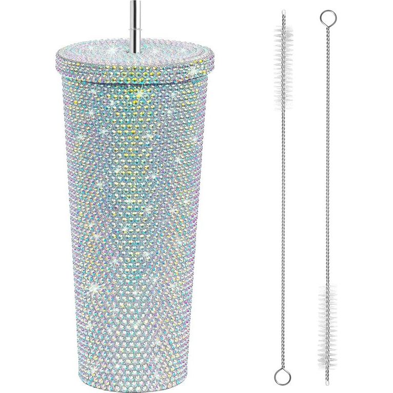 750 ml strass-drinkbeker met deksel en rietje, glinsterende roestvrijstalen isolatiebeker met rietje en 2 borstels, houdt water, koffie en dranken 4 uur lang koud of warm