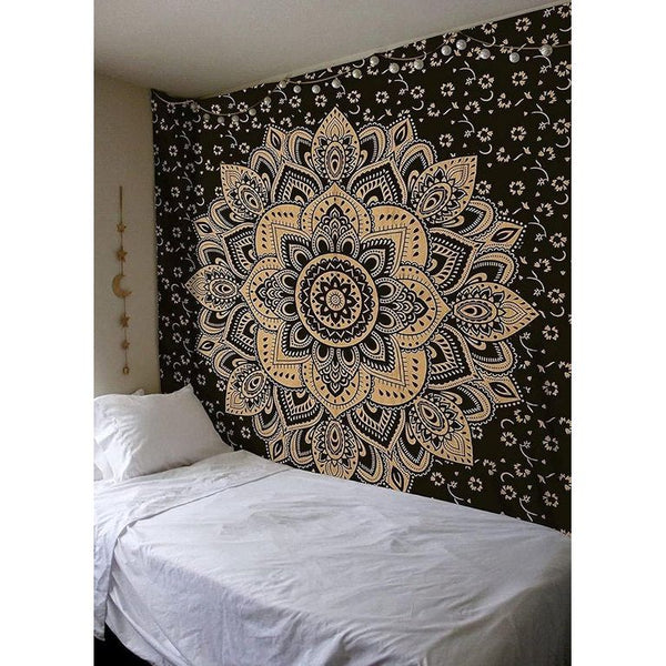wandtapijt, mandala, zwart goud, boho, wanddecoratie, esthetische kamerdecoratie, wanddoek mandala, psychedelic 208 x 210 cm
