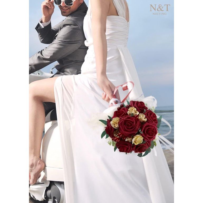 Kunstrozen, 50 stuks, decoratieve bloemen, neprozen met stelen, doe-het-zelf, bruiloft, boeket, bruid, huisdecoratie, donkerrood