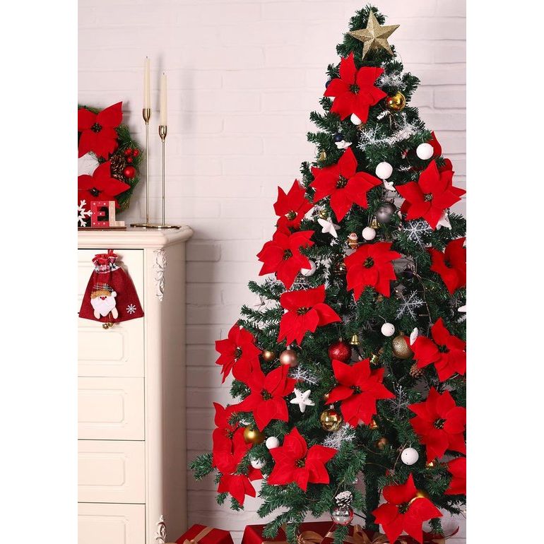 Pack of 15 22 cm Artificial Christmas Flowers with Clip Christmas Tree Poinsettia Ornaments for Wreath Wedding Party Decoration (Red)