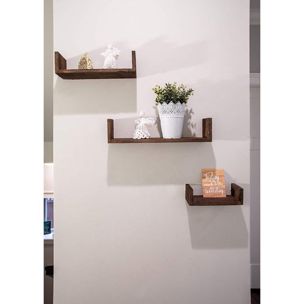 Rustiek zwevend rek in U-vorm in vintage design - set van 3 - inclusief schroeven en pluggen - landhuis houten planken voor slaapkamer, woonkamer en meer - rustiek design - bruin