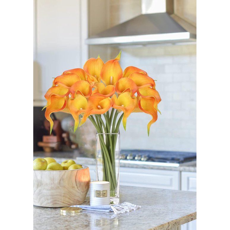 kunstbloemen, 16 stuks, met glazen vaas, zeer echt, kunstbloemen, calla PU, latex, echte touch, Calla nepbloemen, oranje, voor bruiloft, feest, woonkamer, kantoor, hotel, keuken