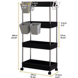 Opbergwagen, keukenwagen, 4-laags rollende wagen met wielen en 3 hangende kopjes, multifunctioneel opbergrek voor keuken, badkamer, slaapkamer, kantoor, zwart