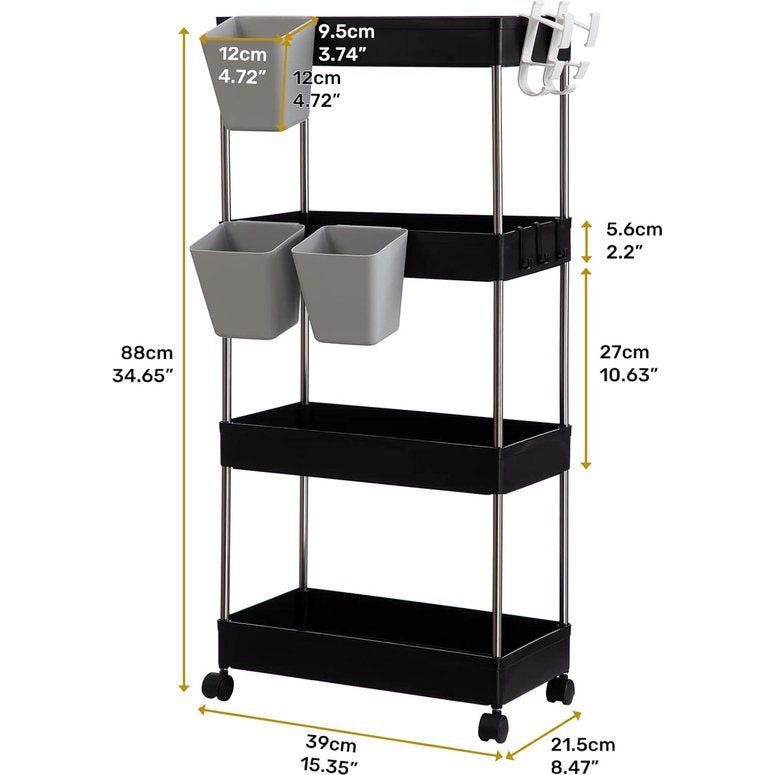 Opbergwagen, keukenwagen, 4-laags rollende wagen met wielen en 3 hangende kopjes, multifunctioneel opbergrek voor keuken, badkamer, slaapkamer, kantoor, zwart
