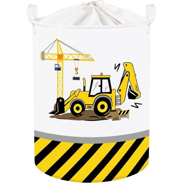 45L Cartoon Digger Sertifen Yellow Boys Laundry Basket Crane Round Toy Clothes Storage Basket for Baby Room, 36 x 45 cm