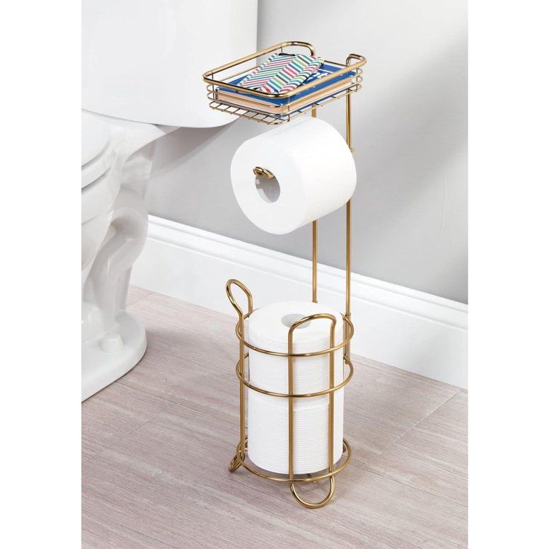 Toilet Roll Holder, Elegant Metal Toilet Paper Roll Holder, Toilet Roll Holder with Shelf, Convenient Storage for the Bathroom, Brass colour