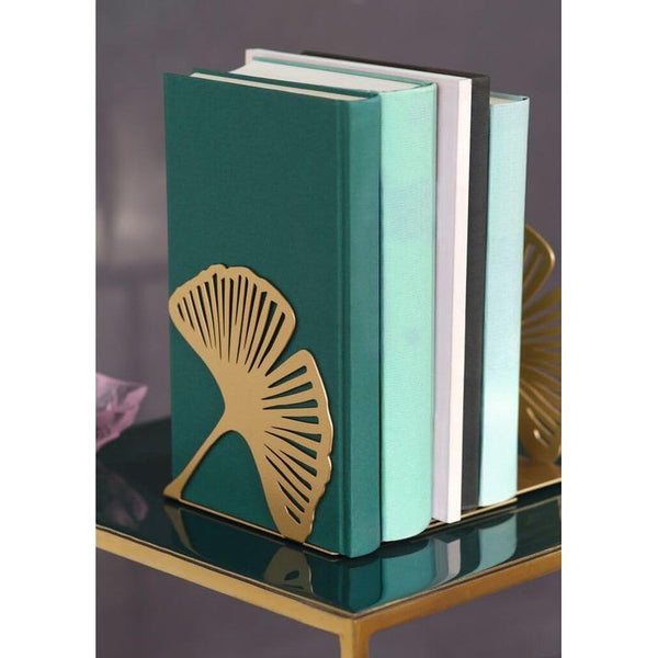 libri_x Gingko Bookend Set of 2, Decorative Metal Book Stand Set in Gold, Golden Bookends with Cut-Out Look