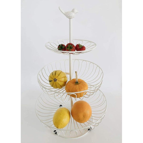 Fruitmand, fruitschaal, groenteetagère, 3 verdiepingen, wit, RAL 9010, metalen fruitstandaard, decoratief opbergen, landhuisstijl, meer ruimte op het werkblad, keuken, vintage cadeau-idee