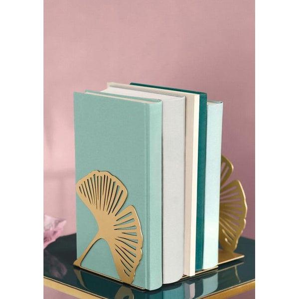 libri_x Gingko Bookend Set of 2, Decorative Metal Book Stand Set in Gold, Golden Bookends with Cut-Out Look