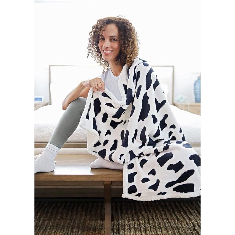 Sherpa Deken, knuffeldeken, extra dikke warme bankdeken, bankdeken in tweezijdig, super fleece deken als bankplaid of woonkamerdeken, 150 x 130 cm, koeienprint