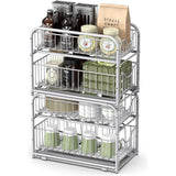 Keukenkast organizer, set van 2, keukenrek, opbergsysteem, 2 niveaus, stapelbaar, uitbreidbaar, met metalen manden, voor keuken, metallic zilver