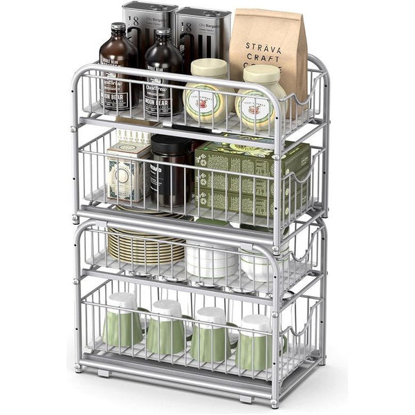 Keukenkast organizer, set van 2, keukenrek, opbergsysteem, 2 niveaus, stapelbaar, uitbreidbaar, met metalen manden, voor keuken, metallic zilver