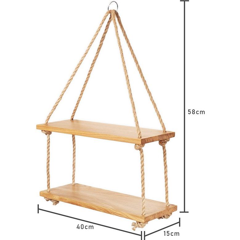 Hangrek eiken 40 cm met jute touw echt eikenhout– wandrek om op te hangen incl. montagemateriaal – houten rek hangend massief met echt handwerk gemaakt