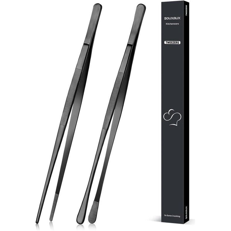 2 stuks 30,5 cm Kookpincet, tang, precisie, gekartelde punten, roestvrij staal, professioneel kooktriet, keukengereedschap voor grillen, coaten en serveren (zwart)