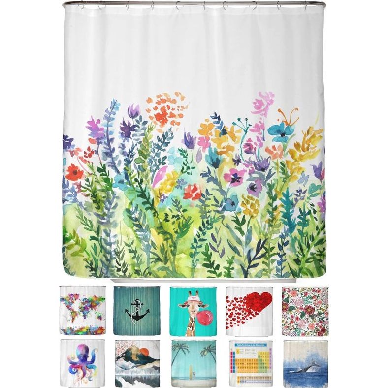 Kleurrijke bloemen, anti-schimmel douchegordijn, 180 x 200 cm, gerecycled met Öko-Tex Standard 100, verzwaarde zoom, ondoorzichtig, waterdicht, wasbaar, 12 ringen en e-book