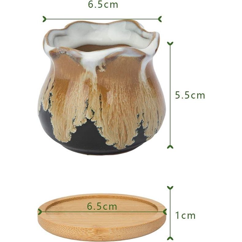 6,5 cm keramische vetplantenpot, cactusplantenbakken voor binnenplanten, kleine bloempot met afvoergat vloeiend glazuur en bamboe plaat, set van 6