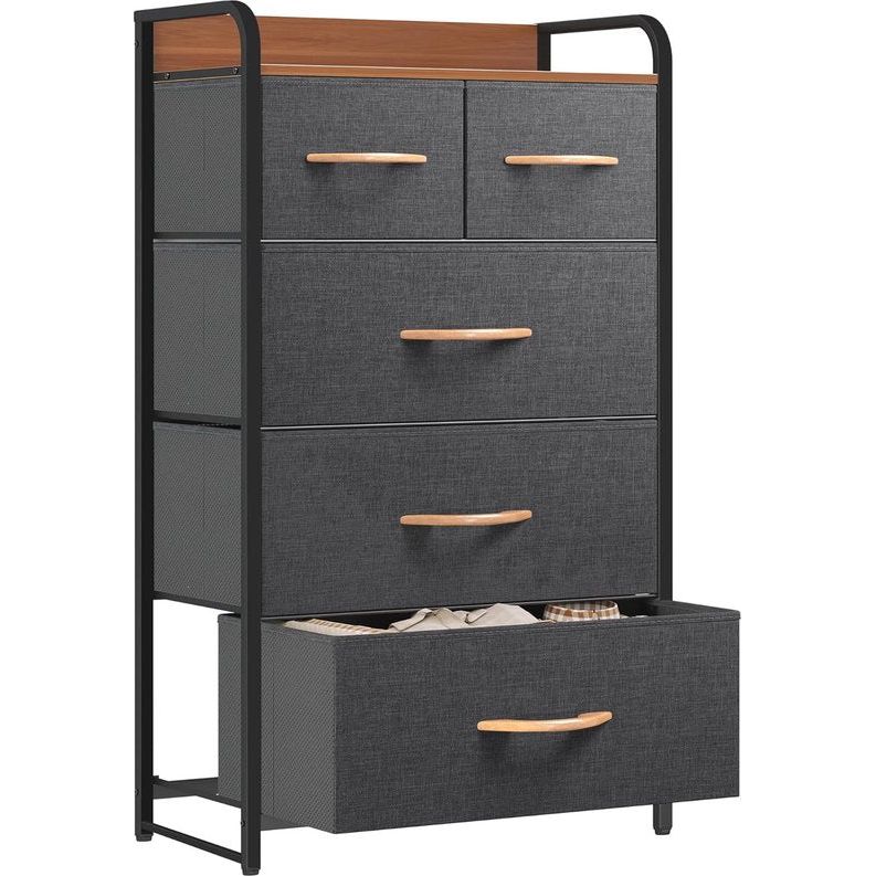 Commode met laden, kast met 5 laden van stof, opbergkast, industriële stijl voor slaapkamer, woonkamer, kinderkamer, hal, donkergrijs opbergkast