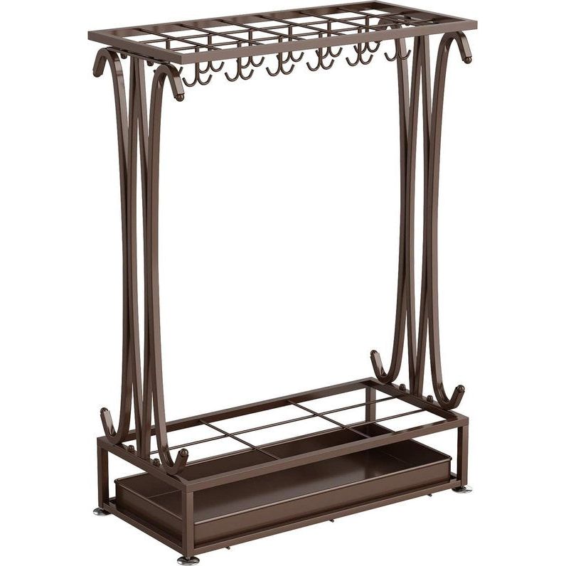 Extra grote bruine metalen 21-gaats rechthoekige paraplubak met 24 haken en gratis regenwaterbak 70 x 50 x 24 cm