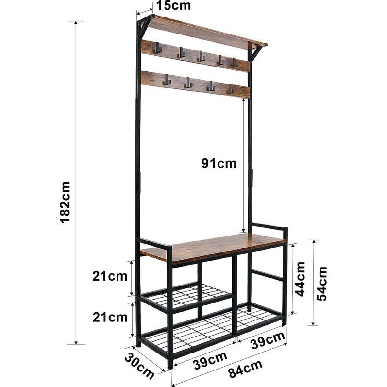 Accessoires kapstok met bankje, metalen kapstok, rustiek kledingrek, 182x30x84cm (HxDxB), zwart/bruin.