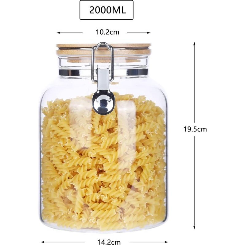 Glazen pot met deksel, grote luchtdichte beugelsluiting, pickle, voorraadpotten, koffieblik, glas van borosilicaatglas met bamboedeksel voor bonen, koffiebonen, muesli, bewaren van 2 liter