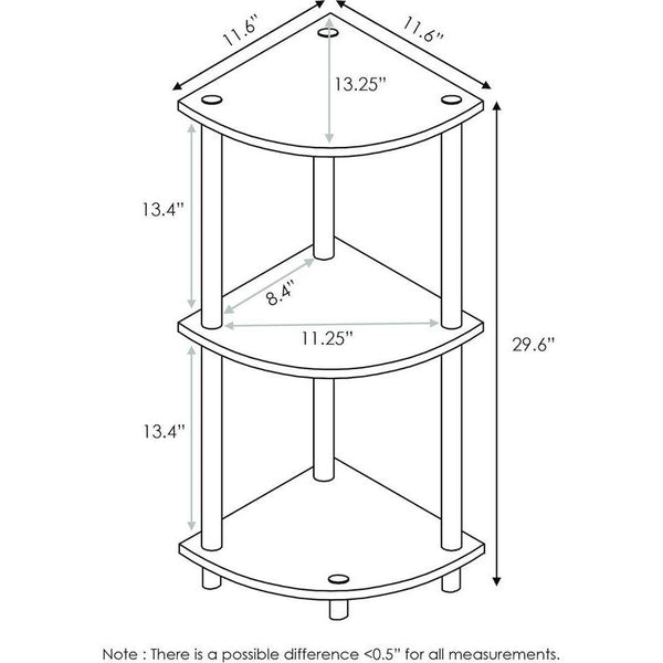 Compacte multifunctionele hoekplank met 3 lagen, hout, Frans eiken grijs/zwart, 29,46 x 29,46 x 75,18 cm