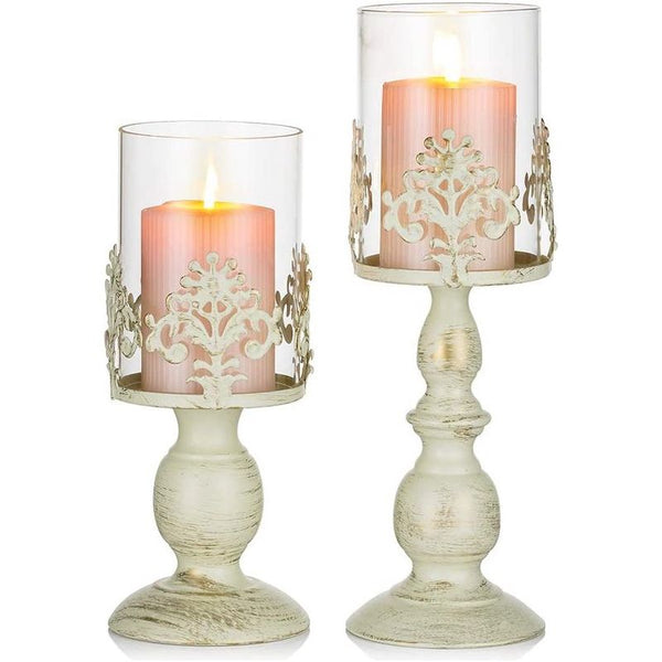 Nuptio Vintage Kandelaars voor Tafels Pijler Kandelaar met Glazen Schermafdekking, Antieke Orkaan Kandelaar Display voor Thuis Bruiloftsfeest Kaarslicht Diner Decoratie, 2 Stuks