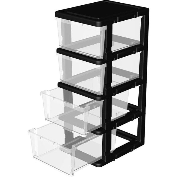 Clearview Plastic 4 opbergladen Opbergladewagen met 4 wielen voor thuis, kast, slaapkamer, badkamer, kantoor, wasruimte, keuken en schoolslaapzaal, zwart, set van 1