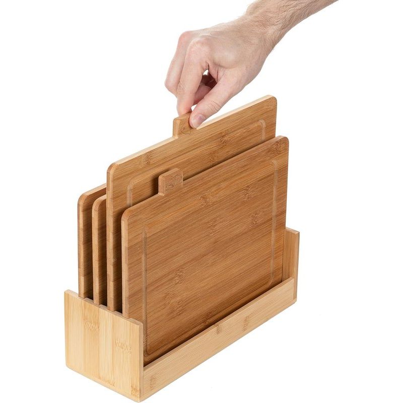 Set of 4 Bamboo Chopping Boards with Stand CHEF I Natural Bamboo Cutting Blocks with Juice Grooves I Antibacterial I Universal Chopping Boards Suitable for Cheese, Meat, Fruit, Vegetables