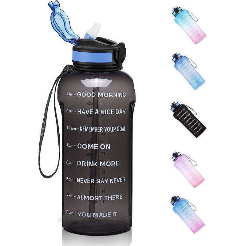 Drinkflessen met stro, BPA-vrije Tritan, 2 liter, motiverende Waterfles met tijdstempel, lekvrije Sportwaterflessen voor Sportschool, Kamperen, Yoga, reizen, kantoor, Zwart