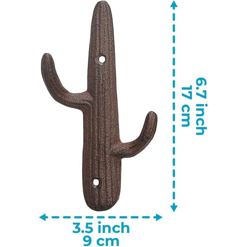 Set van 3 - Gietijzeren Cactus Dubbele Muurhaken/beugels - Decoratieve muurhaken voor jassen, tassen, handdoeken en meer - met schroeven en ankers - Kleur Rustiek Bruin