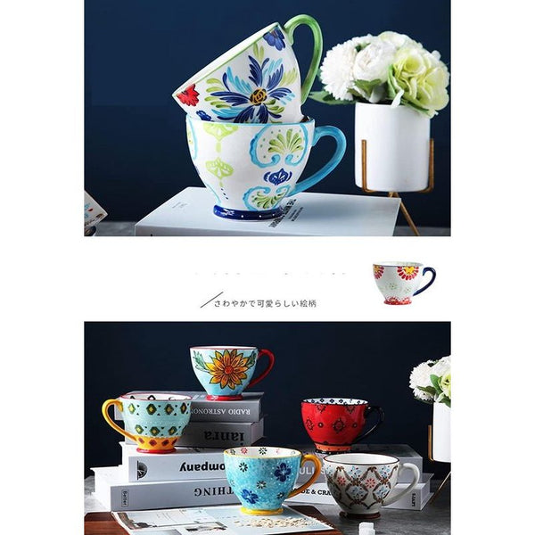 Handgeschilderde mok 350ml - Flower Art cup koffiekopje hoge kwaliteit porseleinen mok met oude ontwerp gouden lepel (stijl 20)