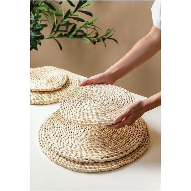 Placemat van zeegras - waterhyacint, set van 6 placemats, afwasbaar, 35 cm, rond (maïsschaal, 4 stuks)