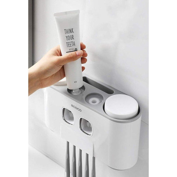 Automatische tandpastadispenser en tandenborstelhouder bevat 2 tandpastaknijpers, 4 kopjes, kan 5 tandenborstels plaatsen, geschikt voor alle soorten tandenborstels, set met wandmontage