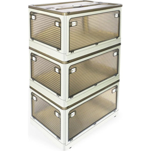 3-delige grote opvouwbare opbergdoos met deksel, opbergdozen, stapelbare kisten, opbergdoos, kunststof box, klapbox met deuren en wielen, transparant, voor woonkamer, keuken, levensmiddelen