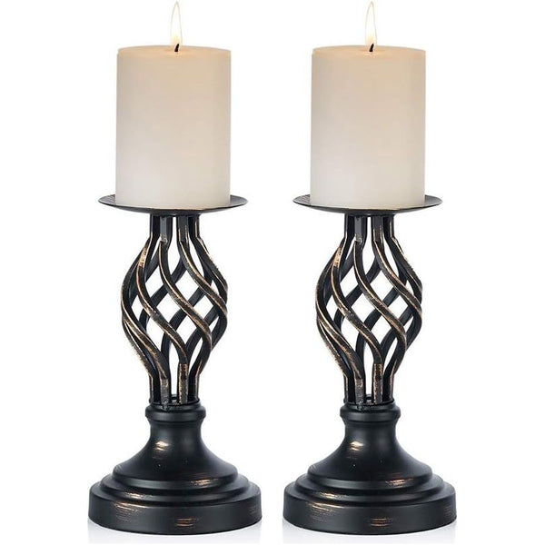 Zwarte Pijler Kaarshouders: Vintage Kaarsenstandaards Voor Pijler Kaarsen, Metalen Kandelaar Houder Kerstmis Pasen Home Decor Woonkamer Schoorsteenmantel Partij Bruiloft Tafel, 2 Stuks(22cm)