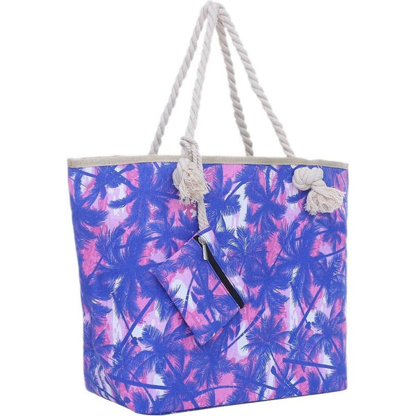 Grote strandtas met ritssluiting, 58 x 38 x 18 cm, veren, shopper-schoudertas, strandstijl synthetisch, blauw / roze