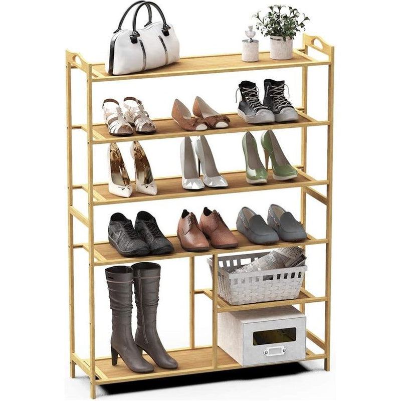 Schoenenrek bamboe frame schoenenrek, 6 laags smal MDF houten staande plank, multifunctionele doe-het-zelf houten plank 80x26x102cm