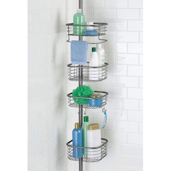 Doucheplank zonder boren, praktische douche-caddy voor de hoek van metaal en kunststof, uittrekbare doucheplank met 4 manden voor shampoo en conditioner met handdoekstang, grijs