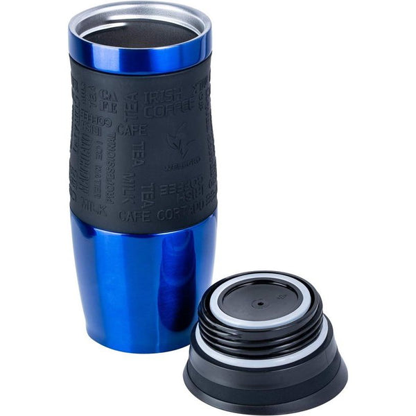 Thermobeker 400 ml + 1 extra deksel - roestvrij staal - siliconen soft-touch greep - BPA-vrij - thermosbeker dubbelwandig - reismok - koffiemok to go, kleur: blauw metallic