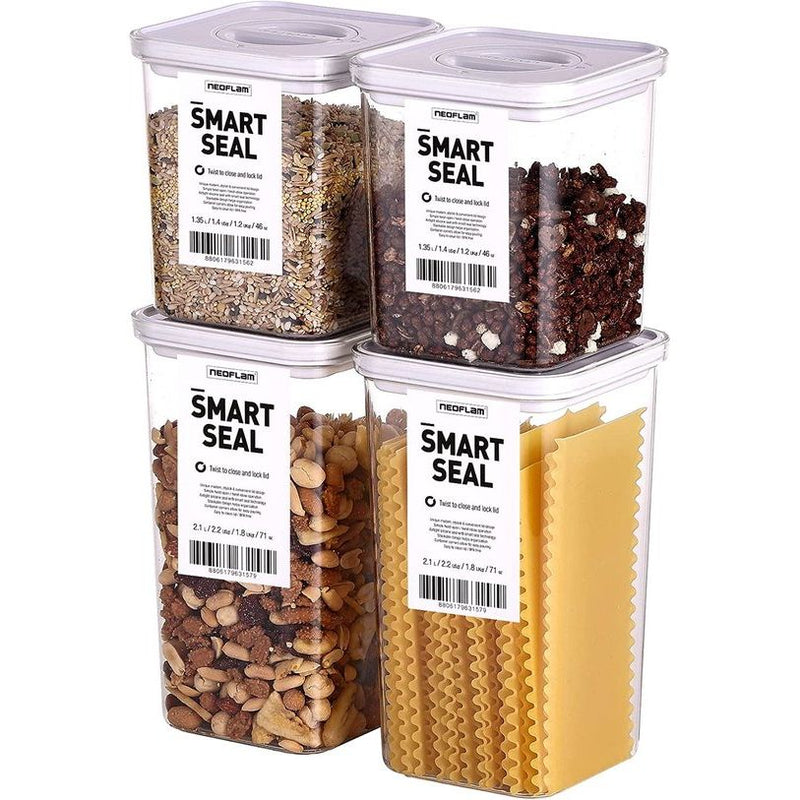 Smart Seal Vorratsdosen-Set 4tlg. BPA-frei, Frischhaltedosen, luftdicht, spülmaschinenfest, Vorratsbehälter mit Deckel weiß, patentiert, Aufbewahrungsbox für Müsli, Mehl, 2x 1.35L & 2x 2.1L