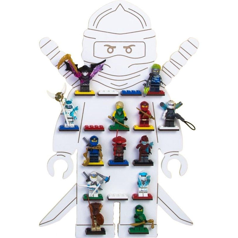 Wit opbergrek voor minifiguren, kindershowbox, rekken vanaf 3 jaar, geïnspireerd op Ninja Ideas. Houten wandrek voor 17 figuren